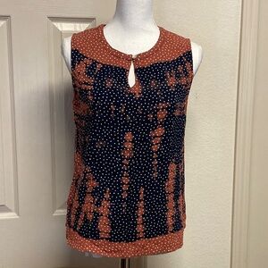 New Directions Sleeveless Blouse Polka Dot Keyhole Top Boho Navy Rust Size M